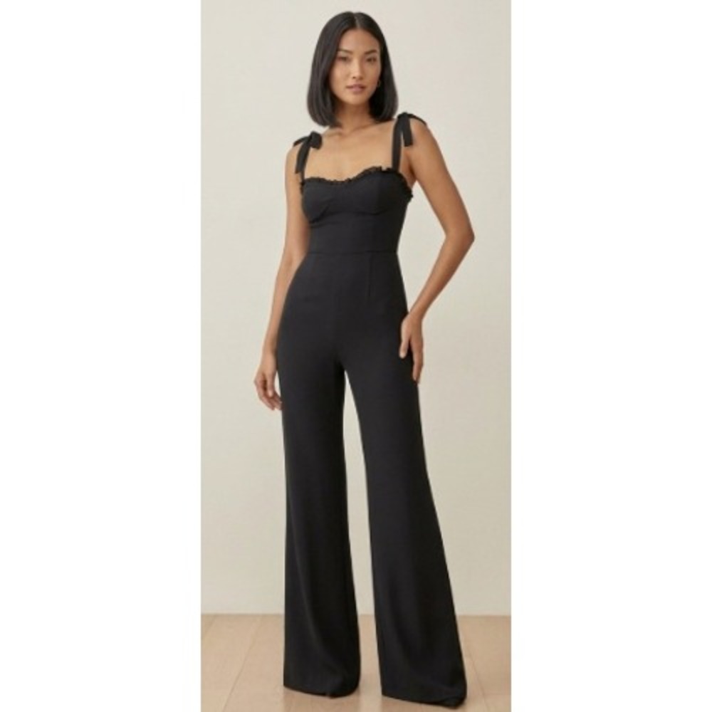 Reformation Alfred Jumpsuit Black Wide Leg Tie Strap Ruffle Sweetheart Sz 8 $278